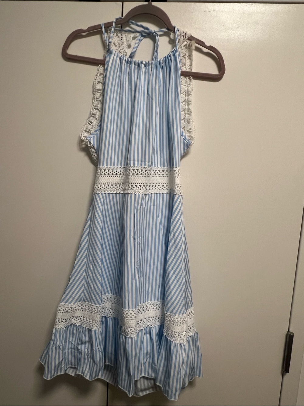 Light Blue & White Striped High-Low Dress with Lace Trim